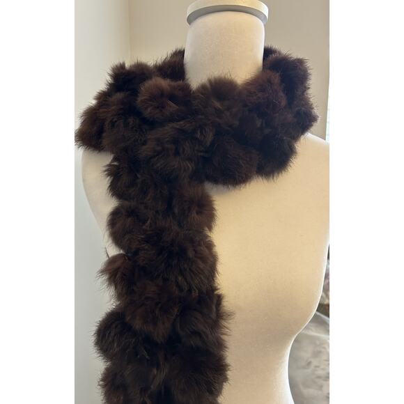 VTG Y2K Esprit Scarf Real Rabbit Fur Pom Pom OS Brown Wrap Luxury Old Money 90s - Picture 11 of 13
